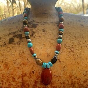 Carolyn Pollack/Relios Necklace Sterling Silver, Carn. Agate, Turq. & Tigers Eye